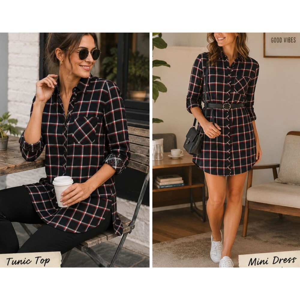 J Jill Shirt Womens Medium Black Plaid Long Sleeve Pockets Cotton Tunic Top